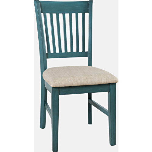 Craftsman Slat Back Office Chair in Distressed Blue Wood & Neutral Fabric